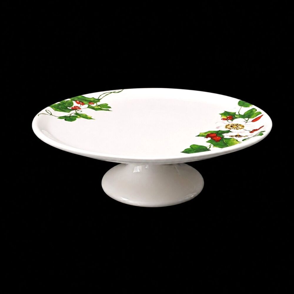White Porcelain Pedestal Christmas Holiday Cake Stand , Holly Leaves, Vintage